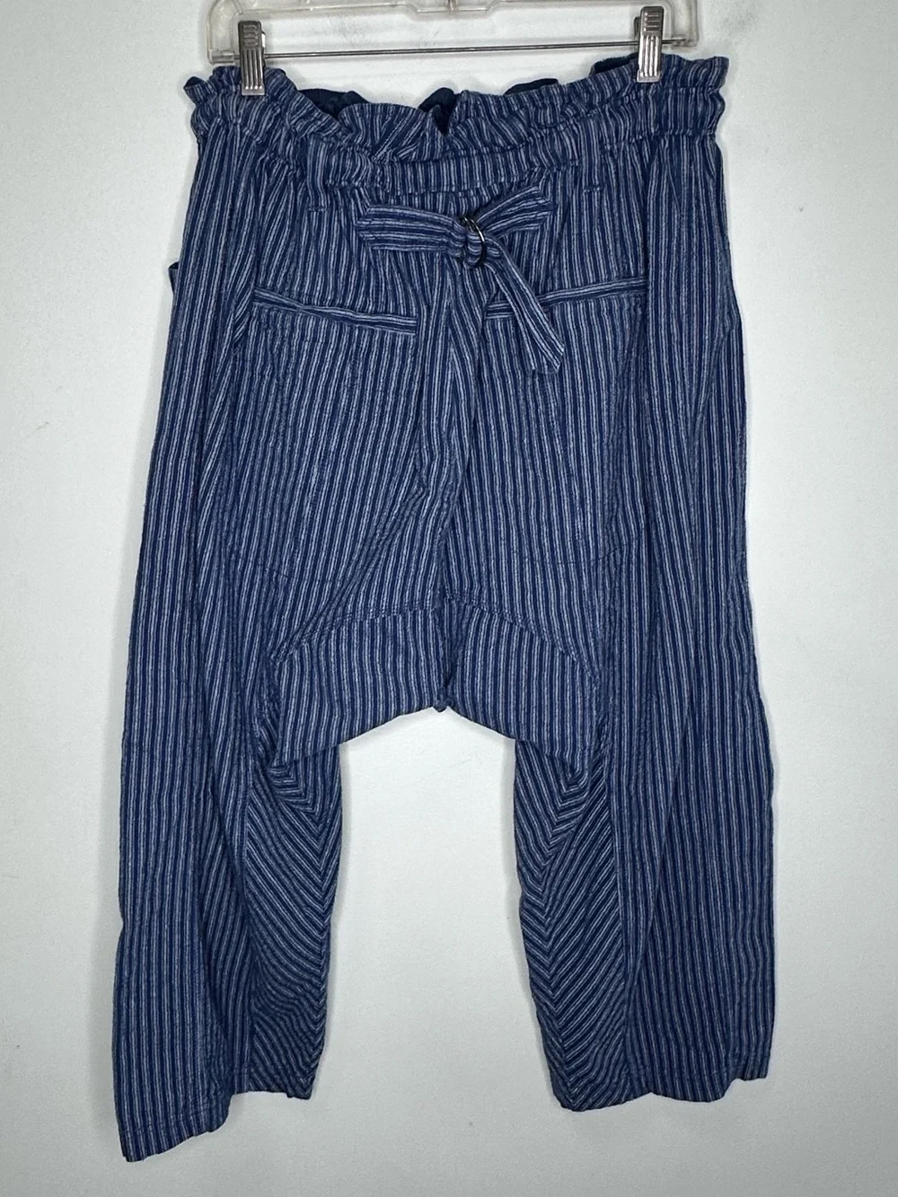 Free People Runyon Oversized Stripe Harem Drop Crotch Blue Cropped Pants